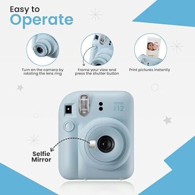 Fujifilm Instax Mini 12 Instant Camera Bundle - Includes 20 Shots Film, Custom Case, Deluxe 60-Pocket Photo Album & BluebirdSales Accessories - Auto Exposure, Selfie Mirror, Pastel Blue - Image 5