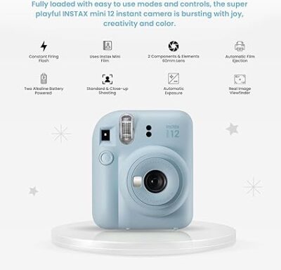 Fujifilm Instax Mini 12 Instant Camera Bundle - Includes 20 Shots Film, Custom Case, Deluxe 60-Pocket Photo Album & BluebirdSales Accessories - Auto Exposure, Selfie Mirror, Pastel Blue - Image 6