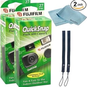 Fujifilm QuickSnap Flash 400 Disposable 35mm Camera • 2 Pack • 2 Hand Straps • BluebirdSales Microfiber Cleaning Cloth