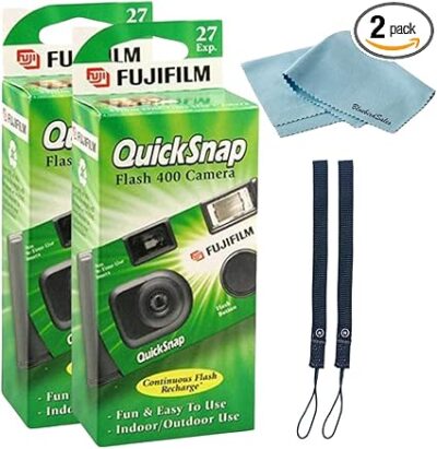 Fujifilm QuickSnap Flash 400 Disposable 35mm Camera • 2 Pack • 2 Hand Straps • BluebirdSales Microfiber Cleaning Cloth