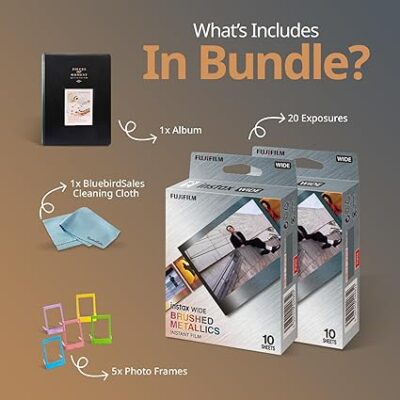 FUJIFILM INSTAX Wide Brushed Metallics Instant Film Bundle – 20 Exposures + Album, Photo Frames & BluebirdSales Cleaning Cloth - Image 3