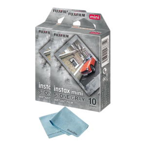 FUJIFILM Instant Mini Stone Gray Film Bundle 20 Shot with BluebirdSales Microfiber Cleaning Cloth, ISO 800, Credit-Card Size, Easy Load for All Instant Mini Cameras & Printers
